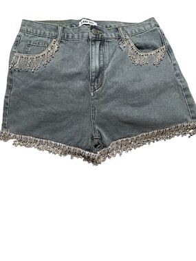 Lane 201 Large EUC Embellished Denim Shorts with Embroidered Rhinestone Fringe